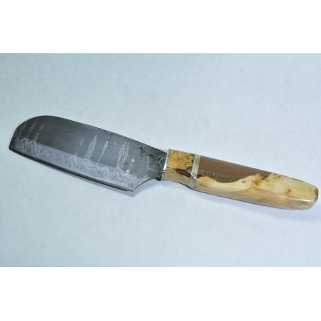 Couteau Hachoir type couperet en acier damassé, Bronze et Weigelia